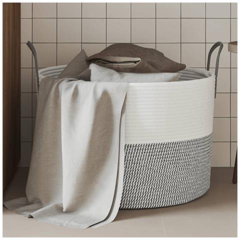 Cestino Portaoggetti Grigio E Bianco 51x33 Cm In Cotone - Foto 1