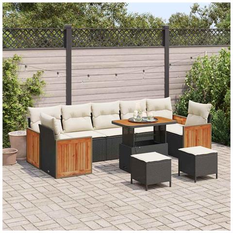 Set di divani da giardino  10 pezzi con cuscini neri in polirattan e acacia, Set di pranzo da giardino  3 pezzi con cuscini neri in polirattan e acacia - Foto 2