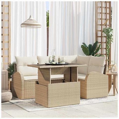 Set di Divano da Giardino a 5 Pezzi con Cuscini Beige in Rattan Sintetico - Foto 2