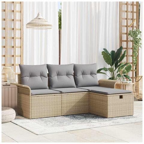 Set Divano da Giardino 4 Pezzi con Cuscini Beige Polyrattan, Divano da Giardino 2 Posti con Scorta e Cuscini Beige Polyrattan - Foto 2