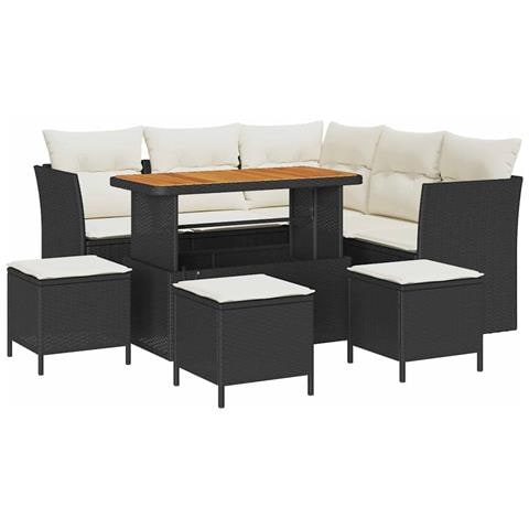 Set Divano Giardino da 9 Pezzi con Cuscini Nero Polyrattan Acacia,  Set da Pranzo da Giardino da 4 Pezzi con Cuscini Nero Polyrattan Acacia - Foto 1