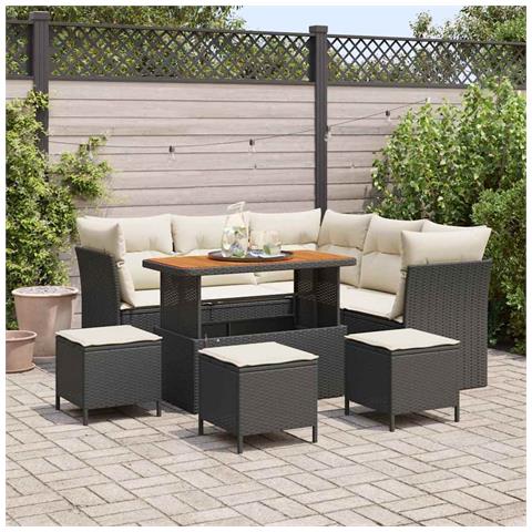 Set Divano Giardino da 9 Pezzi con Cuscini Nero Polyrattan Acacia,  Set da Pranzo da Giardino da 4 Pezzi con Cuscini Nero Polyrattan Acacia - Foto 2