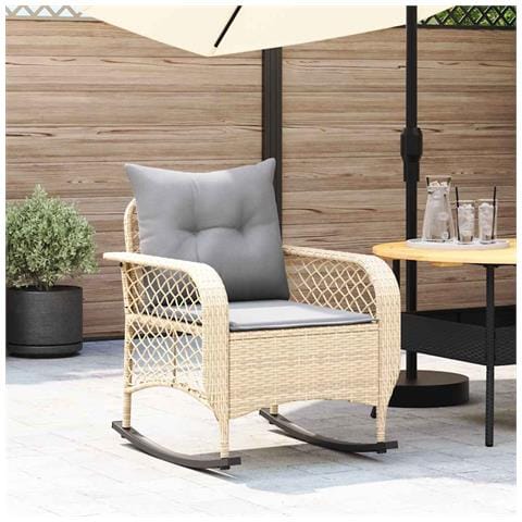 Sedia a Dondolo da Giardino con Cuscini in Polyrattan Beige - Foto 2