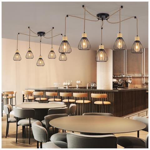 Lampada A Sospensione Retrò Nera Per Sala Da Pranzo, In Corda Di Canapa E Legno, Con Attacco E27, Per Scale - Foto 2