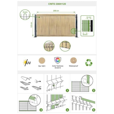 Lamelle In Pvc Rigido Cinto 2m X H.120cm Beige – Brise-vue Da Giardino Con Profilo Di Finitura E Clip - Foto 8