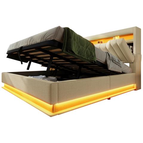 Letto Matrimoniale Con Luci Led E Ricarica, Ampio Spazio Contenitore - 4 Misure - Foto 2