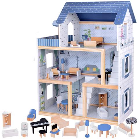 Grande casa delle bambole in legno con mobili e accessori, set a due piani - Foto 1