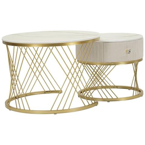 Coppia Tavolini Da Caffè Votix Rotondi In Crema E Oro Ø70x48 E Ø50x43 Cm - Foto 1