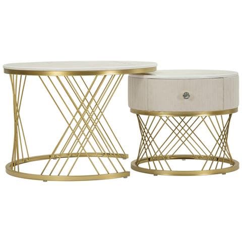 Coppia Tavolini Da Caffè Votix Rotondi In Crema E Oro Ø70x48 E Ø50x43 Cm - Foto 2