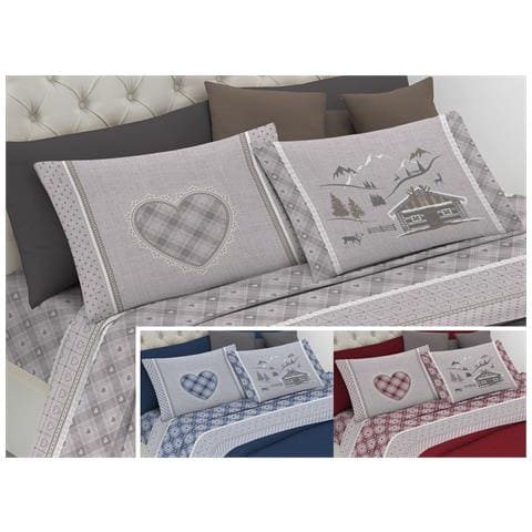 Completo Lenzuola Flanella Pensieri Delicati 100% Cotone Disegno Chalet Singolo Blu - Foto 2