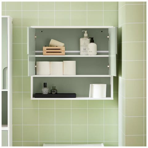 Armadietto Pensile Per Bagno O Cucina Mobiletto Bagno Da Parete Pensile Bagno Pensile Cucina Con 3 Ripiani E 2 Ante Verde 60x15x54cm Bzr140-gr - Foto 7