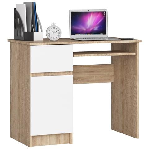 Scrivania per computer PIKSEL sinistro, 1 anta e 1 cassetto, 90x50x77 cm, Colore Sonoma Quercia e Bianco - Foto 1