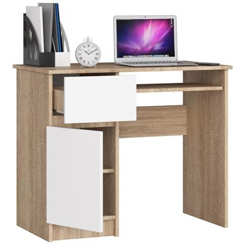 Scrivania per computer PIKSEL sinistro, 1 anta e 1 cassetto, 90x50x77 cm, Colore Sonoma Quercia e Bianco - Foto 2