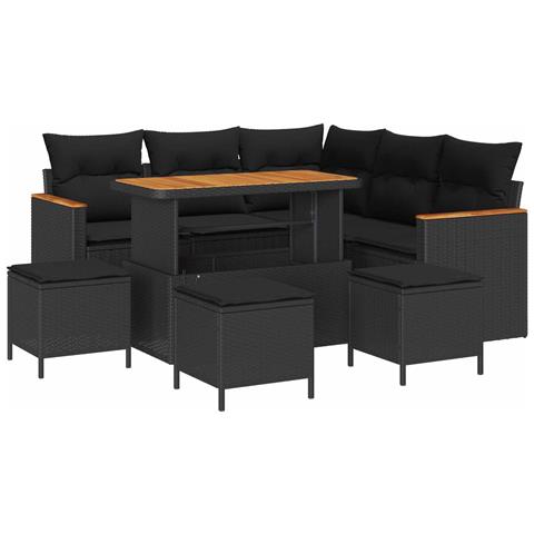 Set Divano Giardino da 9 Pezzi con Cuscini Nero Polyrattan Acacia, Set da Pranzo Giardino da 4 Pezzi con Cuscini Nero Polyrattan Acacia - Foto 1
