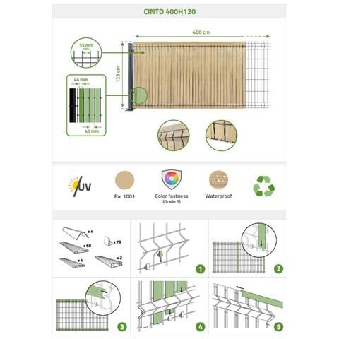 Lamelle In Pvc Rigido Cinto 4m X H.120cm Beige – Brise-vue Da Giardino Con Profilo Di Finitura E Clip - Foto 8