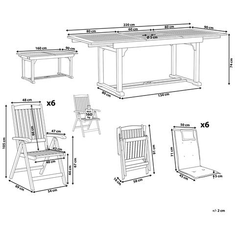 Set Tavolo E 6 Sedie In Legno Di Acacia Con Cuscini Grigio Beige Java - Foto 2