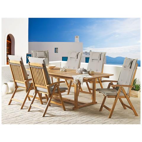 Set Tavolo E 6 Sedie In Legno Di Acacia Con Cuscini Grigio Beige Java - Foto 1