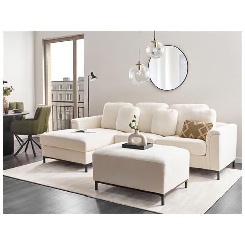 Divano Angolare 5 Posti Oslo Bouclé Bianco Con Ottomana Lato Destro - Foto 1