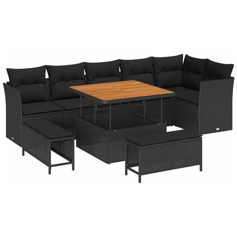 Set da Giardino  9 Pezzi con Cuscini Nero Rattan Poliacetato, Set da Giardino  3 Pezzi con Cuscini Nero Rattan Poliacetato - Foto 1