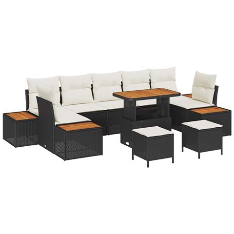 Set di Divani da Giardino  10 Pezzi con Cuscini Nero in Rattan Poliestere Acacia, Set di Pranzo da Giardino  3 Pezzi con Cuscini Nero in Rattan Poliestere Acacia - Foto 1
