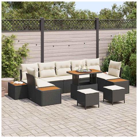 Set di Divani da Giardino  10 Pezzi con Cuscini Nero in Rattan Poliestere Acacia, Set di Pranzo da Giardino  3 Pezzi con Cuscini Nero in Rattan Poliestere Acacia - Foto 2