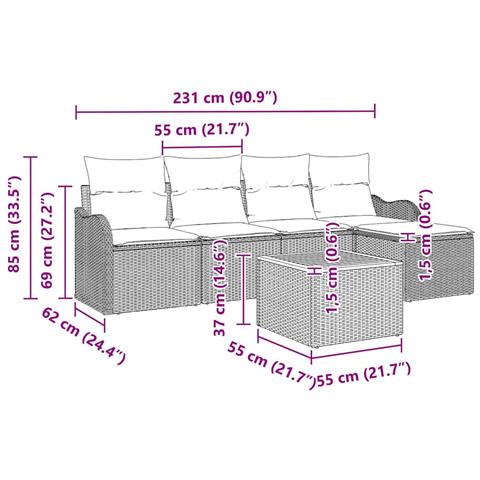 Set di divani da giardino 6 pezzi con cuscini grigi in polyrattan acacia, Divano da giardino 2 posti con cuscini grigi in polyrattan - Foto 9