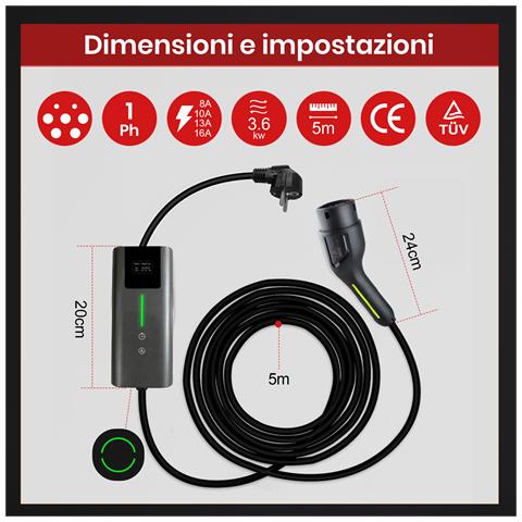 Cavo Ricarica Auto Elettrica Tipo 2 Con Spina Schuko, Ev Charger Caricatore Tipo 2 3.6 Kw, 6/8/10/13/16a Corrente Regolabile (iec 62196-2 | 5m, 3,6kw | 16a) - Foto 7