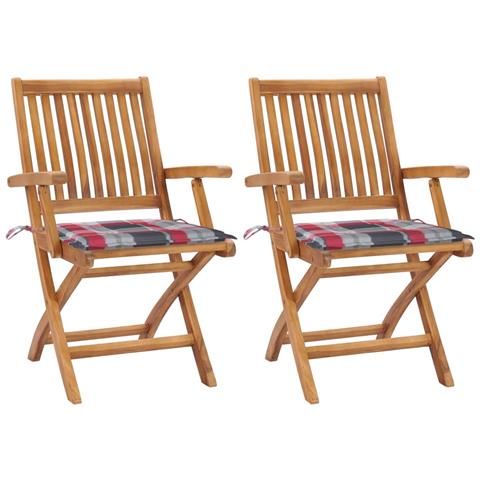 Sedie Giardino 2 Pz Con Cuscino Rosso A Quadri Massello Di Teak - Foto 2