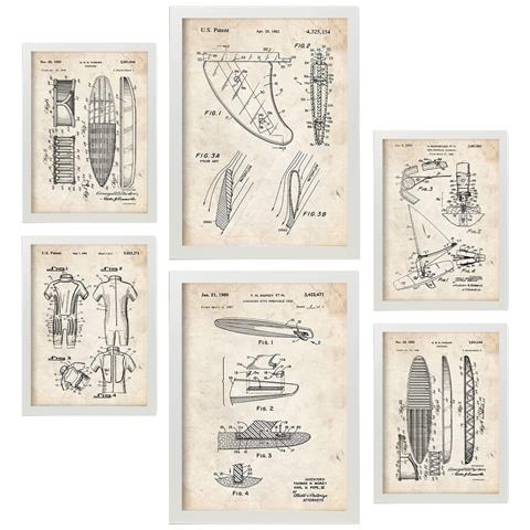 Set Di 6 Stampe Poster Con Brevetti Di Surf Poster Con Immagini Di Brevetti Retrò Design D'interni In Stile Vintage A3 & A4 Cornice Bianca - Foto 1