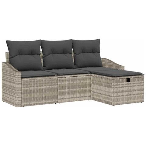 Set Divano da Giardino 4 Pezzi con Cuscini Grigio Chiaro in Polirattan - Foto 1