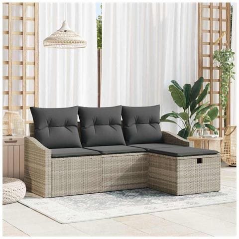 Set Divano da Giardino 4 Pezzi con Cuscini Grigio Chiaro in Polirattan - Foto 2