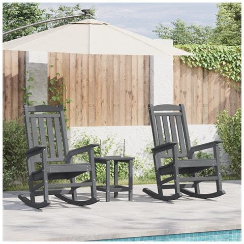 Set Giardino 3 Pezzi Grigio Chiaro HDPE, Sedia Dondolo Grigio Chiaro 70x92x108 cm HDPE, Tavolino laterale Grigio Chiaro 38x38x45 cm HDPE - Foto 2