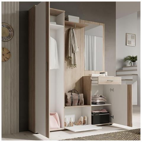 Set Mobili Ingresso Tidyard Con Specchio | Mobile Corridoio Bianco Con Scarpiera E Appendiabiti | In Legno Multistrato Resistente