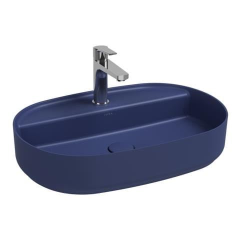 Lavabo Ovale Da Appoggio Senza Troppo Pieno In Ceramica Con Foro Rubinetto - Blu Opaco - Foto 1