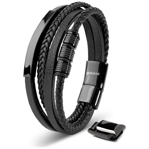 Bracciale in Pelle per Uomo, ""Brave"", 17cm, Nero - Foto 1