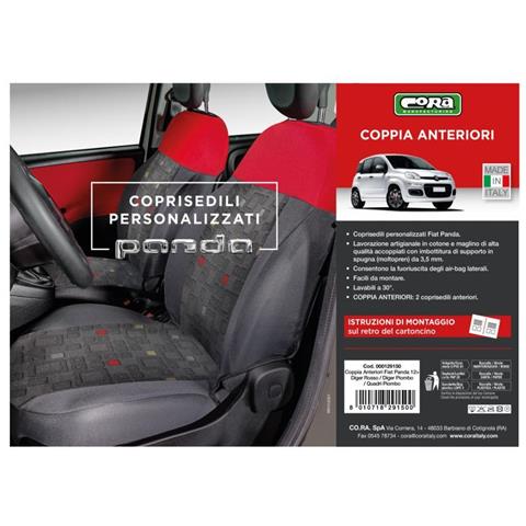 Coprisedili Anteriori Personalizzati Fiat Panda 12> Tess. Misto Cotone Quadri Grigio /rosso - Foto 3