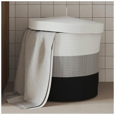 Cestino Portaoggetti Con Coperchio Bianco Nero 40x35cm Cotone - Foto 1