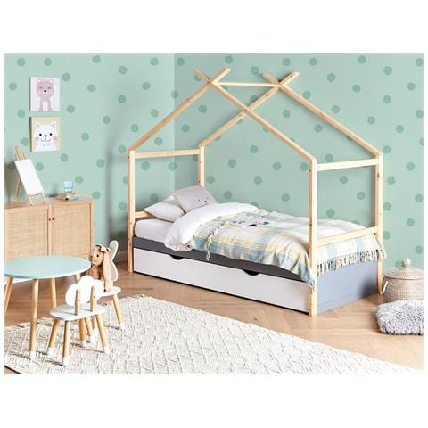 Letto Per Bambini Casa Legno Di Pino Orgeval 90 X 200 Cm Con Contenitore Grigio - Foto 1