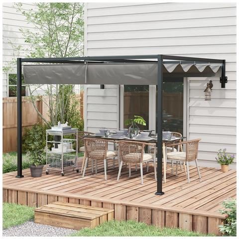 Pergola Gazebo 3x4 m con Tettuccio Retrattile e Fori di Drenaggio, in Acciaio e Poliestere, Grigio - Foto 2
