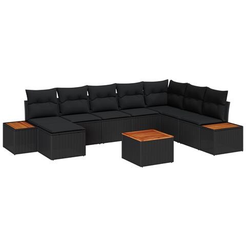 Set Divano da Giardino da 9 Pezzi con Cuscini Nero Polyrattan Acacia - Foto 1