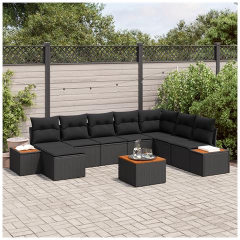 Set Divano da Giardino da 9 Pezzi con Cuscini Nero Polyrattan Acacia - Foto 2