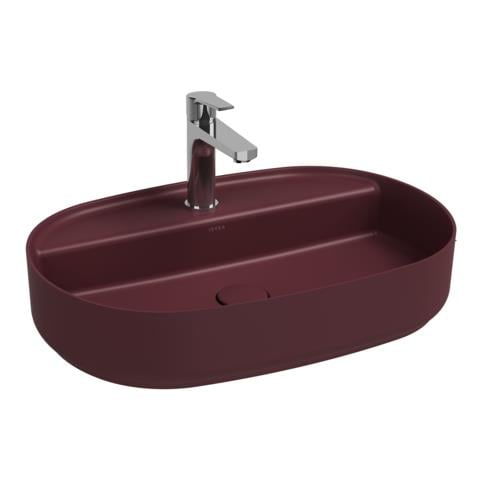Lavabo Ovale Da Appoggio Senza Troppo Pieno In Ceramica Con Foro Rubinetto - Bordeaux Opaco - Foto 1