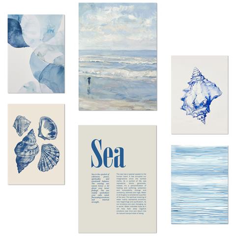 Set Di 6 Stampe Illustrazioni Marine, Blu, Mare Ed Estate Design Illustrazioni Per Decorare Le Pareti Delle Stanze Della Tua Casa A3 & A4 Senza Cornice - Foto 1