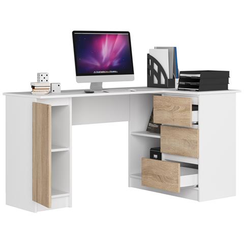 Scrivania ad angolo B20 destro, 1 anta e 3 cassetti, 155x85x77 cm, Colore Bianco e Sonoma Quercia - Foto 2