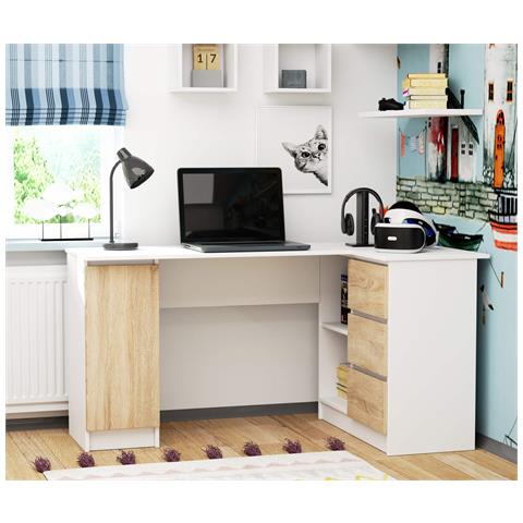 Scrivania ad angolo B20 destro, 1 anta e 3 cassetti, 155x85x77 cm, Colore Bianco e Sonoma Quercia - Foto 5
