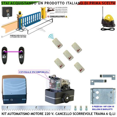 Cancello Scorrevole 6 Q.li Kit Automatismo Motore 220 V 5 Radiocomandi 6 Cremagliere Acciaio Selettore Fotocellule Far - Foto 1