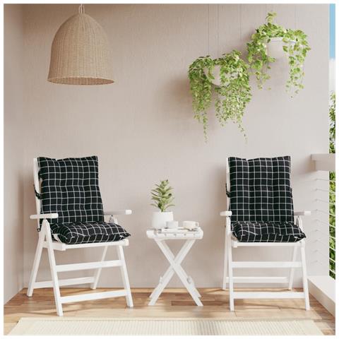 Cuscini Sedia Schienale Basso 2 Pz Quadri Nero Tessuto Oxford - Foto 1