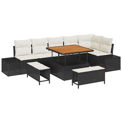 Set da Giardino 9 Pezzi con Cuscini Rattan Sintetico Nero Acacia, Divano da Giardino 2 posti con Cuscini Rattan Sintetico Nero, Set da Pranzo da Giardino 3 Pezzi con Cuscini Rattan Sintetico Nero Acacia - Foto 1
