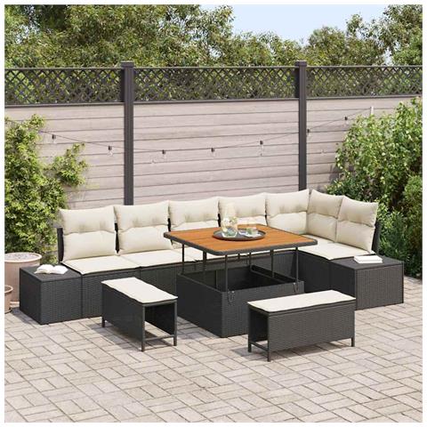 Set da Giardino 9 Pezzi con Cuscini Rattan Sintetico Nero Acacia, Divano da Giardino 2 posti con Cuscini Rattan Sintetico Nero, Set da Pranzo da Giardino 3 Pezzi con Cuscini Rattan Sintetico Nero Acacia - Foto 2