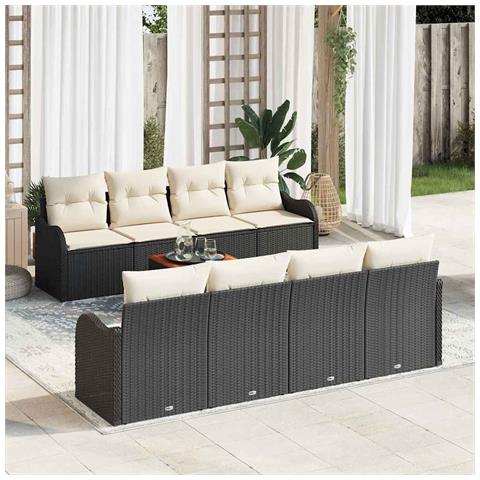 Set divani giardino 9 pezzi con cuscini neri in polyrattan e acacia, Divano giardino 2 posti con cuscini neri in polyrattan - Foto 2